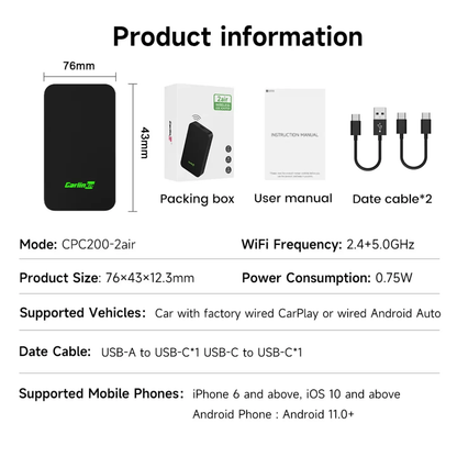 The 2air Carlinkit 5.0 Wireless CarPlay and android auto adapter supports wireless Android Auto and CarPlay with an Atmel AT91SAM9260 CPU and adaptive resolution - AUTOXPO