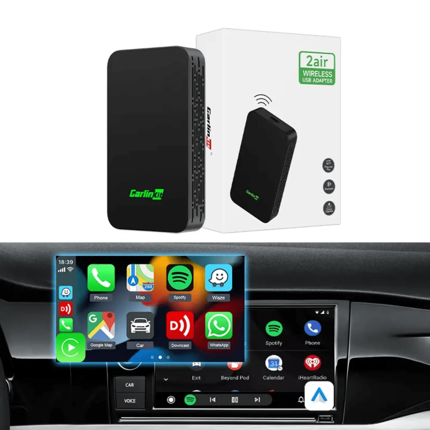 The 2air Carlinkit 5.0 Wireless CarPlay and android auto adapter supports wireless Android Auto and CarPlay with an Atmel AT91SAM9260 CPU and adaptive resolution - AUTOXPO