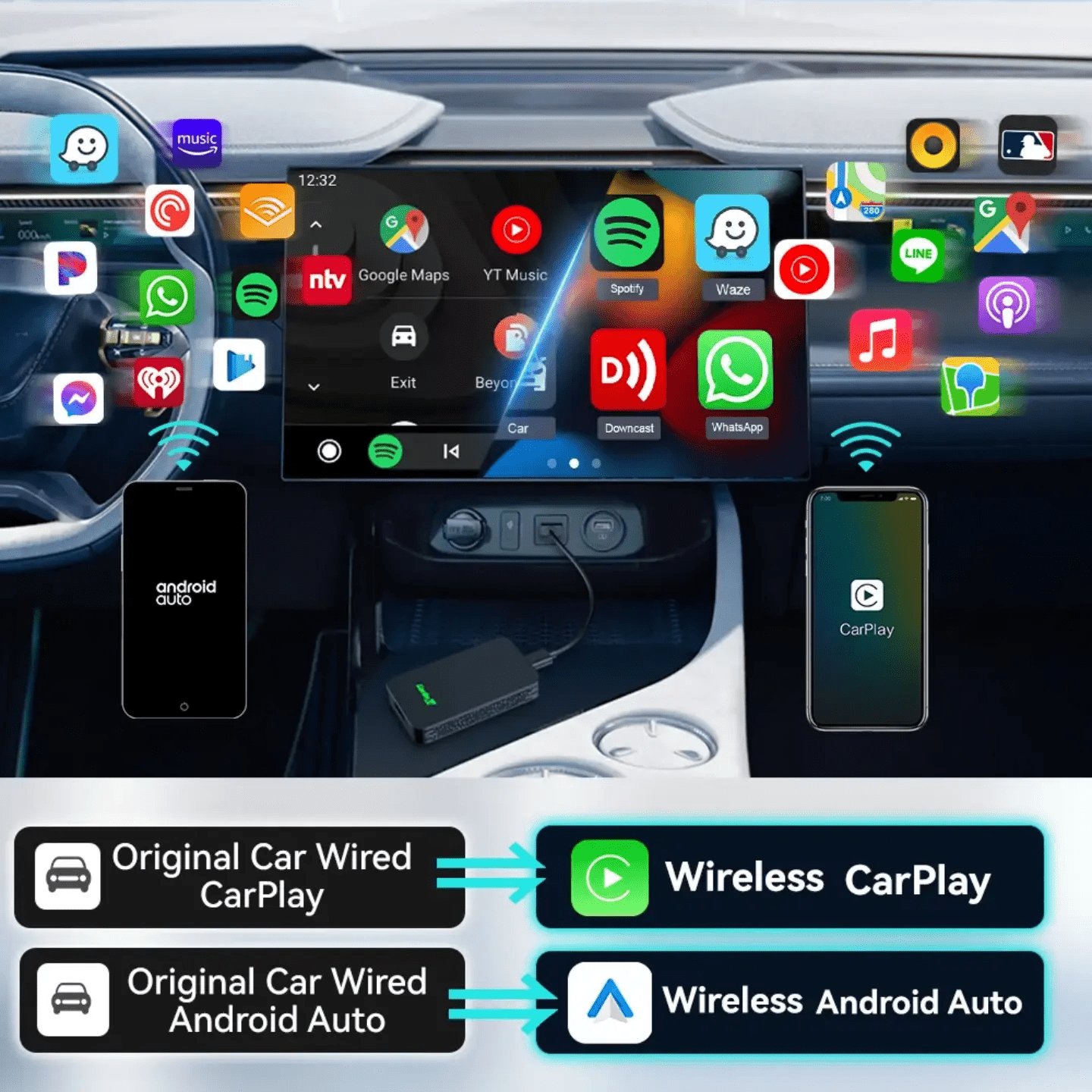 The 2air Carlinkit 5.0 Wireless CarPlay and android auto adapter supports wireless Android Auto and CarPlay with an Atmel AT91SAM9260 CPU and adaptive resolution - AUTOXPO